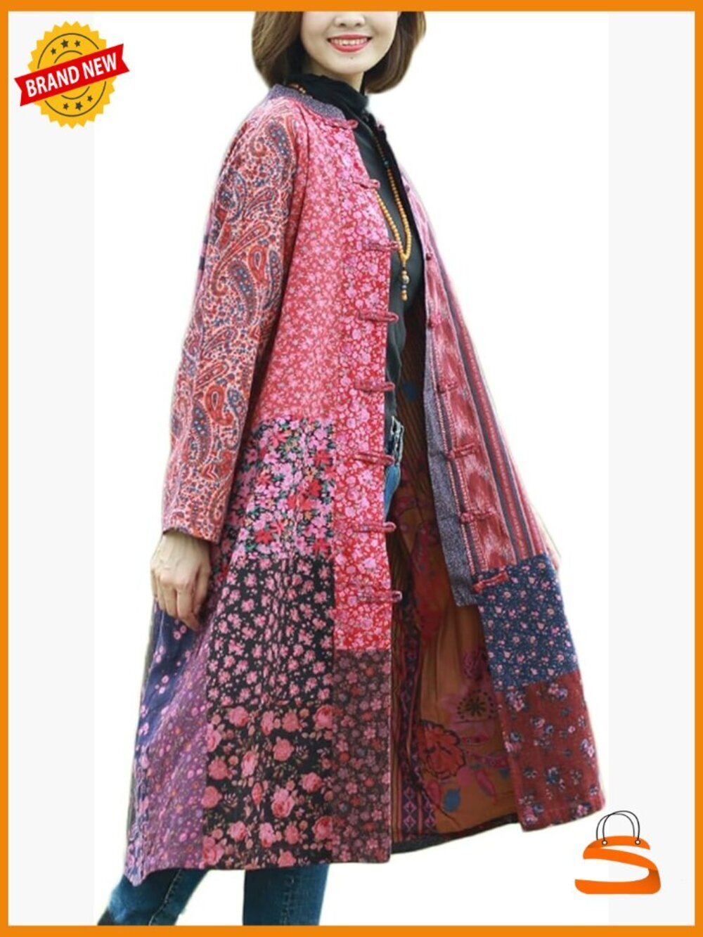Cottagecore Cotton Linen Trench Coat Patchwork Jacket Long Length